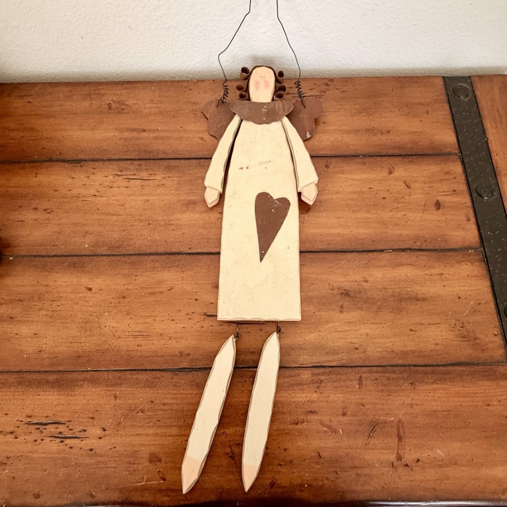 Folk Art Wooden and Metal Christmas Angel Wall Hanging Decoration 17 Inch